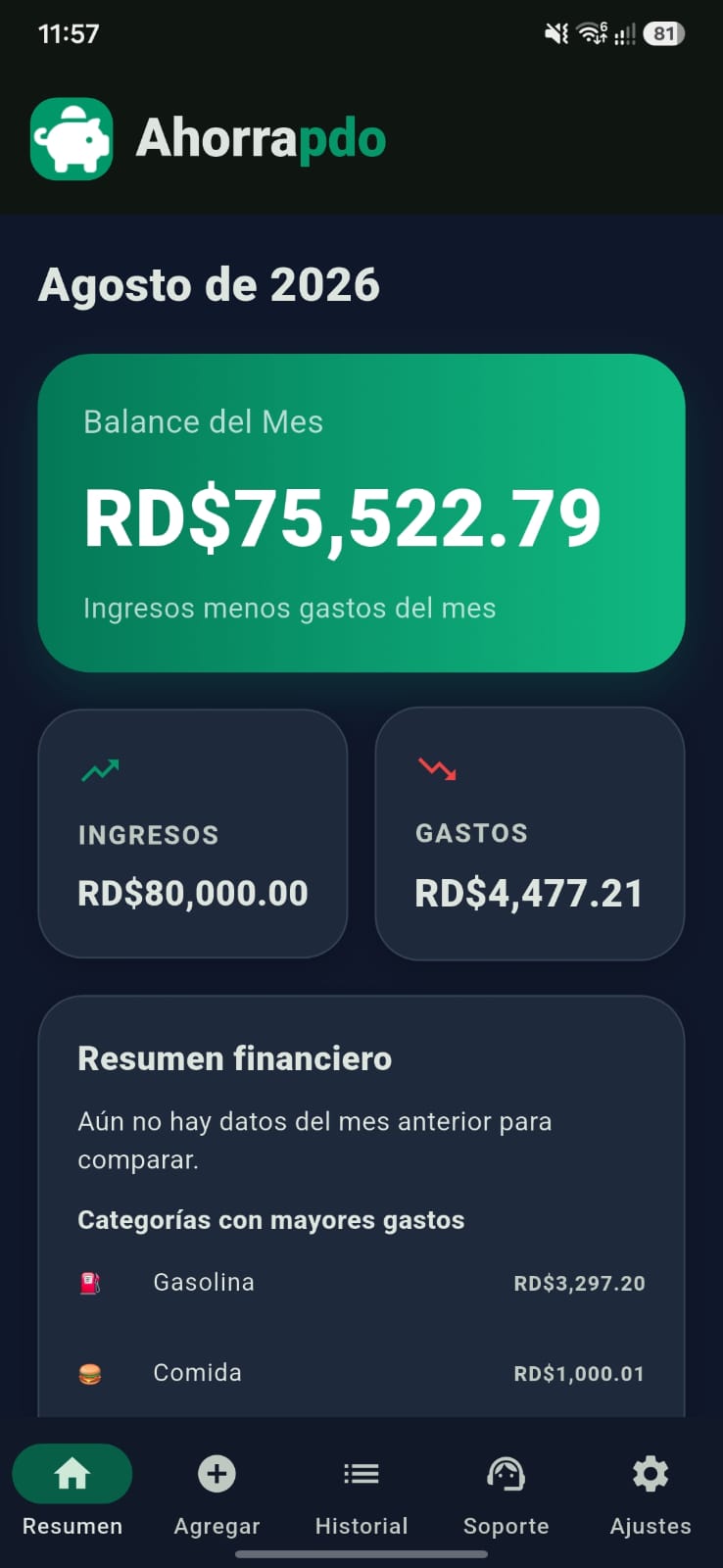 Dashboard oscuro de Ahorrapdo