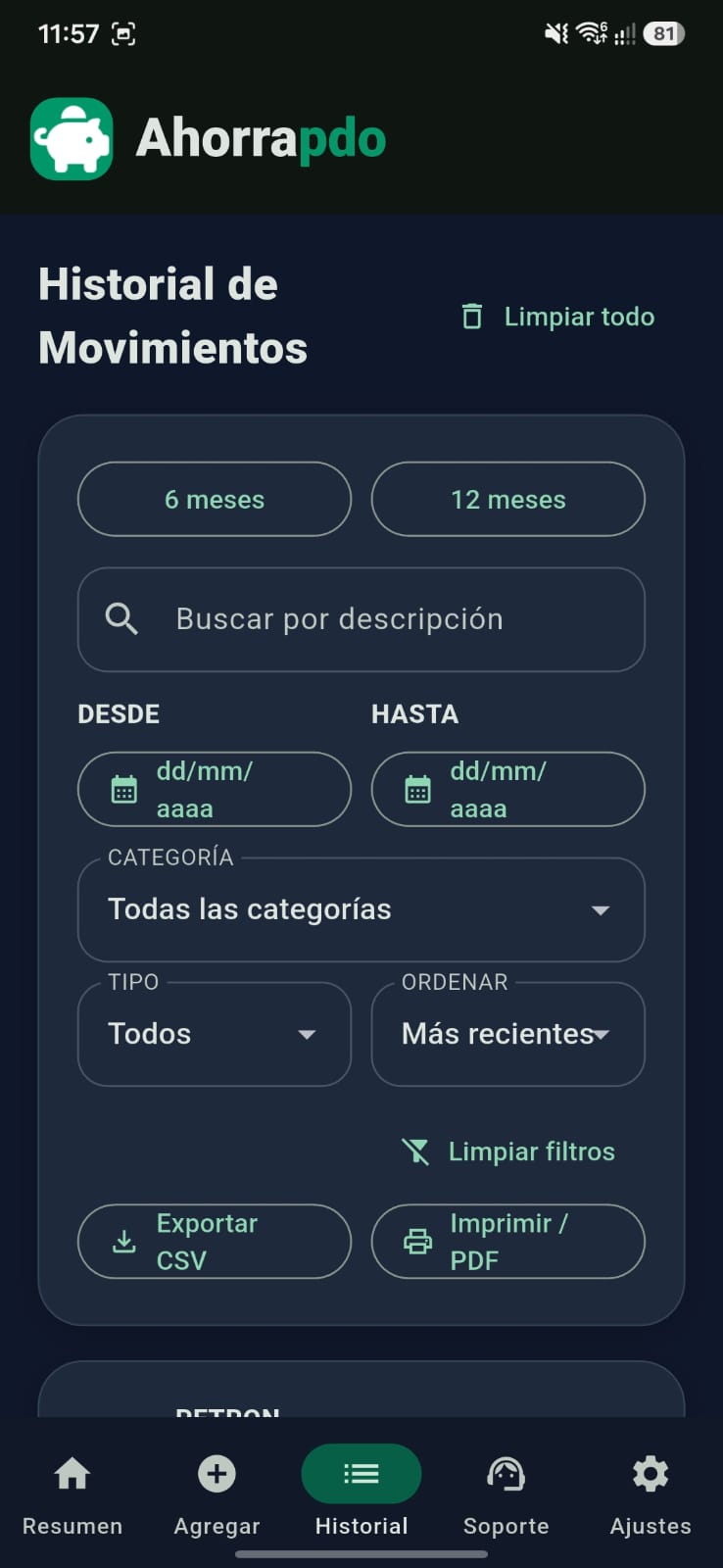Historial de Ahorrapdo en Android